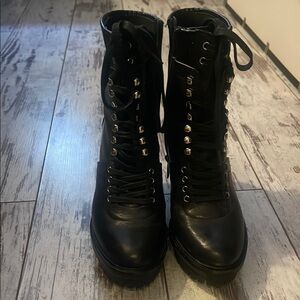 Vince Camuto Black Combat Boots with Mid-Calf Height and Thick Soles